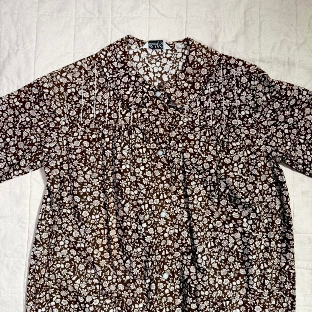 Vintage Brown Fruit & Floral Print Button Dress – Size L